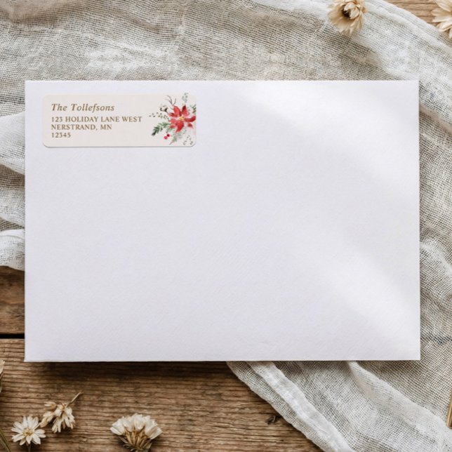 Boho jul trä elegant returadress etikett (Elegant Christmas card - holiday return address labels with watercolor poinsettia and greenery.)