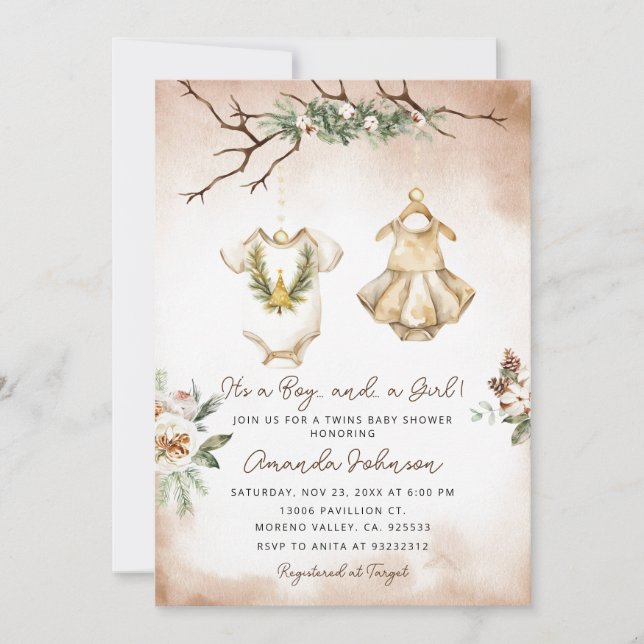 Boho jul Twin Barnkläders Babydusch Inbjudningar (Framsida)