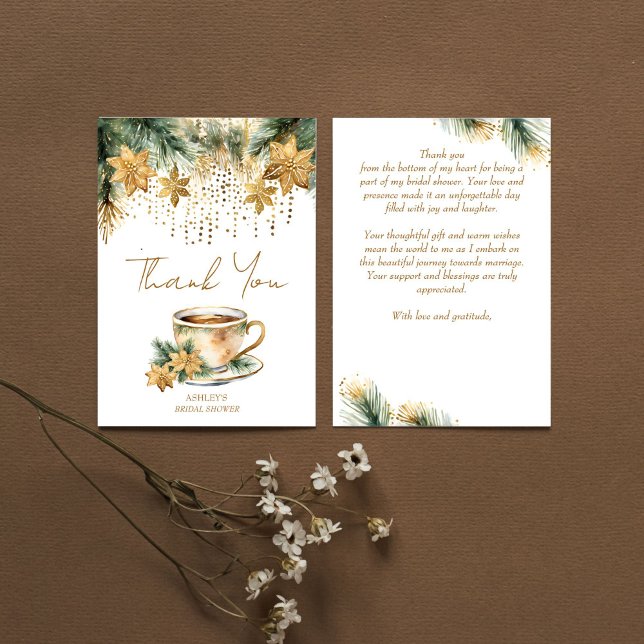 Boho jul vinter bröllopsdusch tebjudning tack kort (Boho Christmas winter bridal shower tea party Thank You Card watercolor gold poinsettia pines thank)