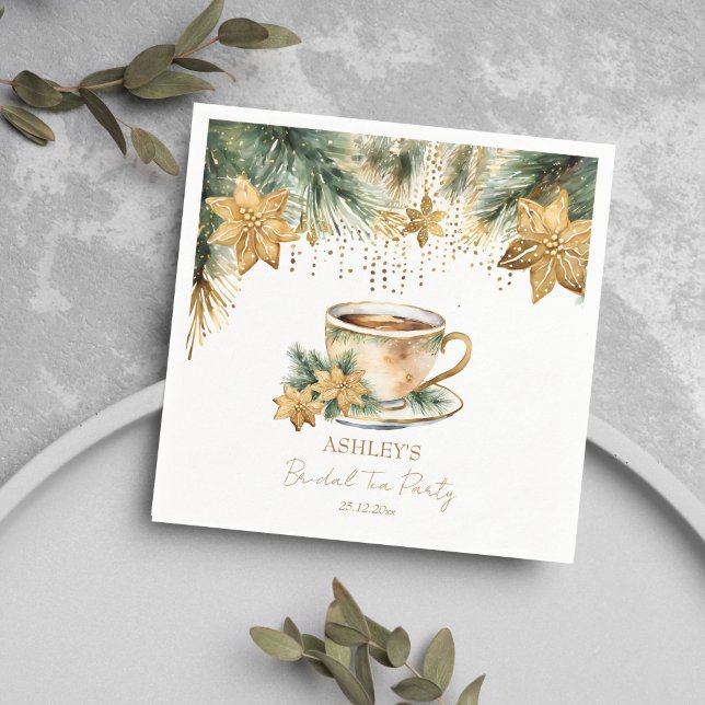 Boho jul vinter bröllopsdusch teparty pappersservett (Boho Christmas winter bridal shower tea party tableware personalized Napkins pines gold poinsettia)
