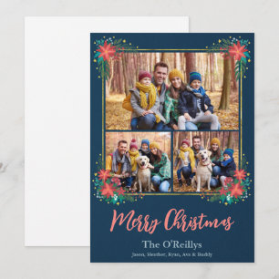 Boho Julfoto Card, Blommigt Guld Ram Julkort