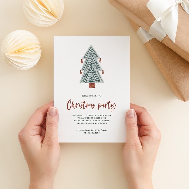 Boho Julgran | Jul Party Inbjudningar (A fun and trendy Christmas party invitation with a boho Christmas tree and casual terracotta script)