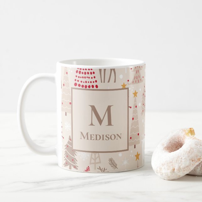 Boho Julgranar med Monogram och Namn Kaffemugg (Med munk)