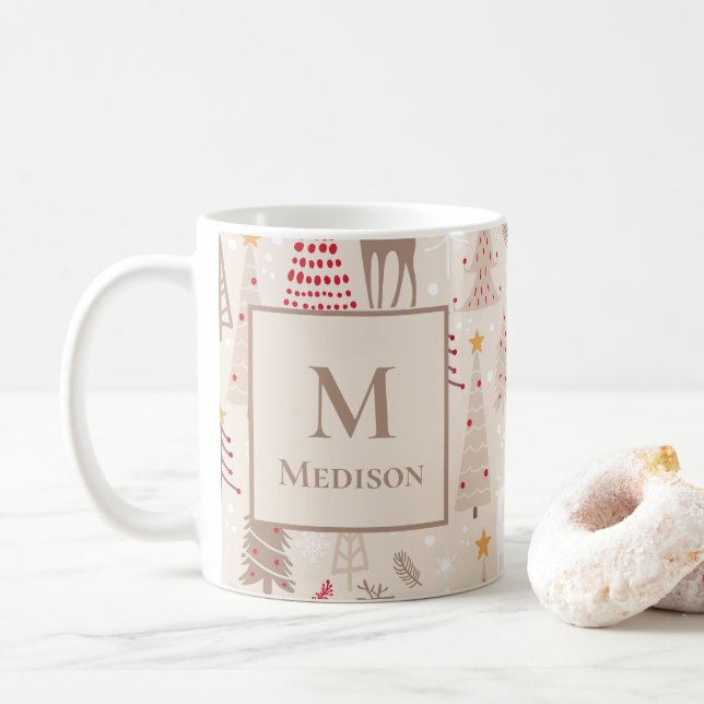 Boho Julgranar med Monogram och Namn Kaffemugg (Med munk)