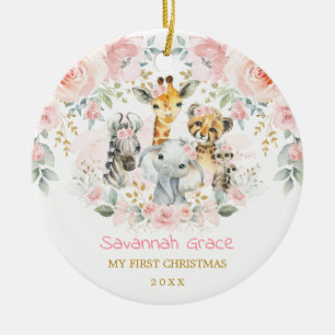 Boho Jungle Animals Rosa Blommigt Baby 1:a jul Julgransprydnad Keramik