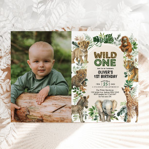 Boho Jungle Animals Vild Ett foto på födelsedag Inbjudningar
