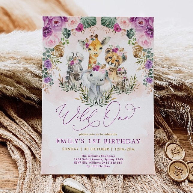 Boho Jungle Animals Vild One Girl 1st Birthday Inbjudningar (Skapare uppladdad)