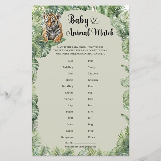 Boho Jungle Safari Animals Baby djur Match-spel (Framsida)