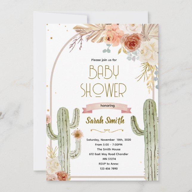 Boho kaktus baby shower inbjudan (Framsida)