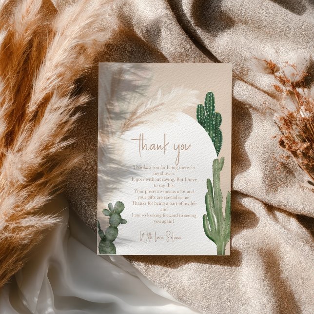 Boho kaktus pampas båge öken bröllopsdusch  tack kort (Boho cactus pampas arch desert bridal shower thank you card)