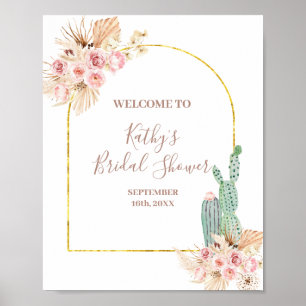 Boho Kaktus Rosa Blomma Bröllopsdusch Välkomstskyl Poster