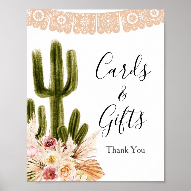 Boho Kaktus Rosa Blommor Pampas Gräs Kort & Presen Poster (Framsidan)