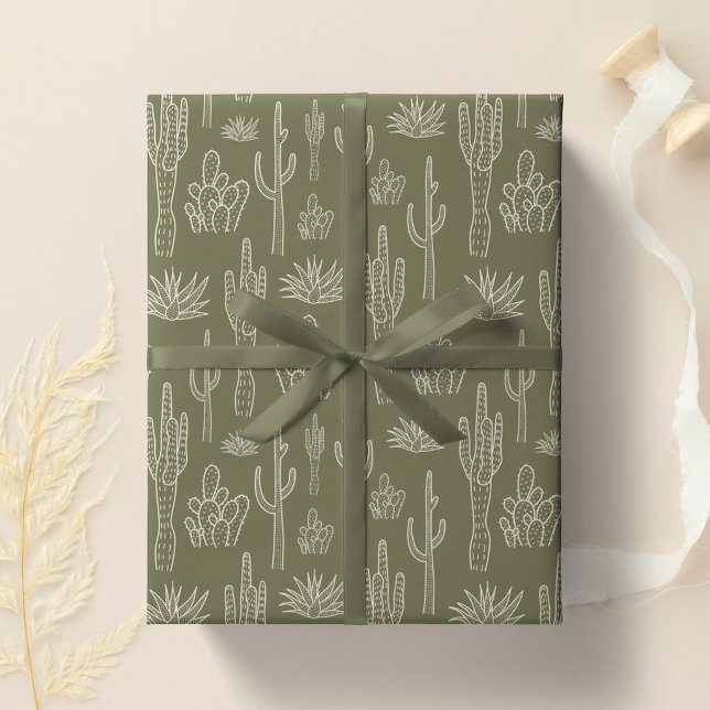 Boho Kaktus Western Södra Neutral Mossgrön Presentpapper (Skapare uppladdad)