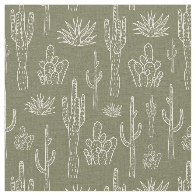 Boho Kaktus Western Södra Neutral Mossgrön Tyg (Närbild)