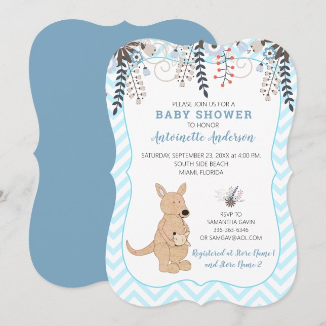 Boho Kangaroo Watercolor Blommigt Boy Shower Inbjudningar (Fram/baksida)