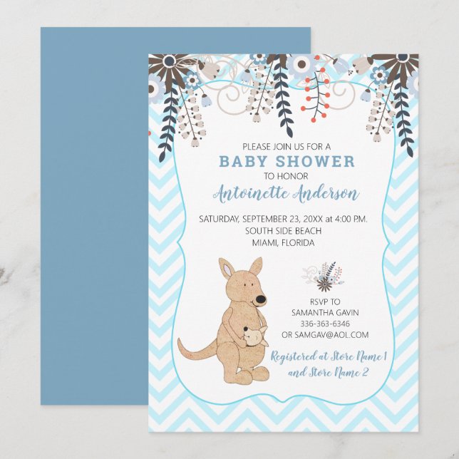 Boho Kangaroo Watercolor Blommigt Boy Shower Inbjudningar (Fram/baksida)
