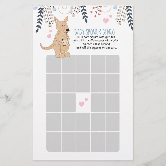 Boho känguru pojke baby shower Bingo spel (Framsida)