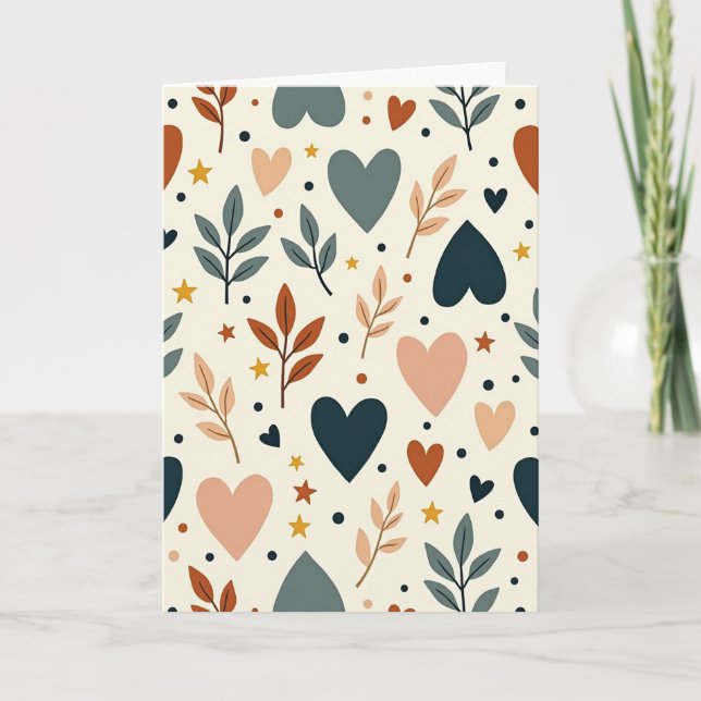 Boho kärlek hjärtan blad kort (Framsida)