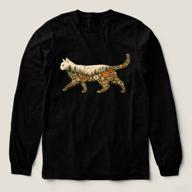 Boho Katt Blommig — Kattälskare med Växter Träd T Shirt (Design framsida)