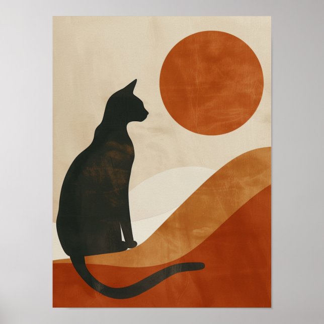 Boho Katt Silhuett | Solnedgång Abstrakt Minimalis Poster (Framsidan)