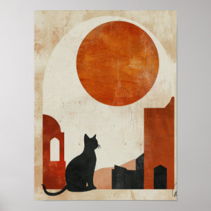 Boho Katt Siluett Abstrakt Sol Minimalistisk Dek Poster