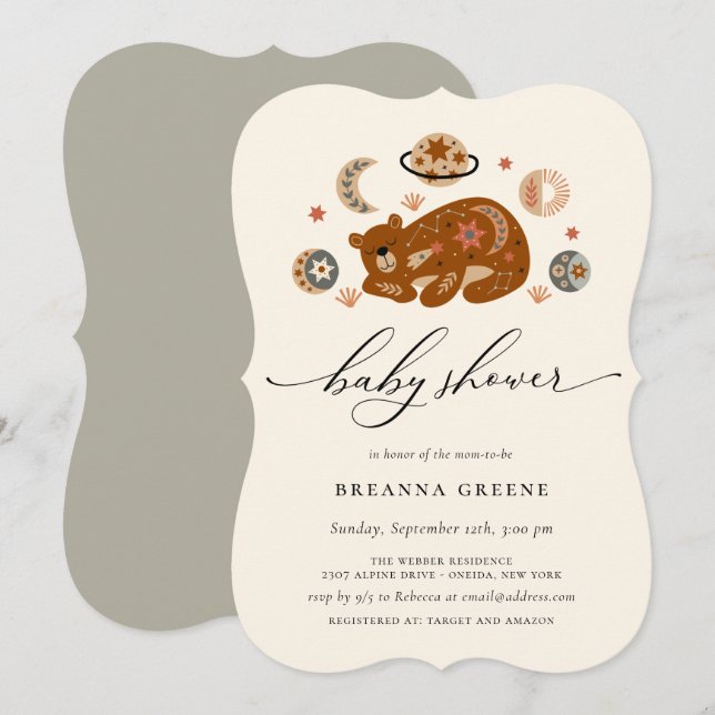 Boho Kelestial Bear Babyskor Inbjudningar (Fram/baksida)