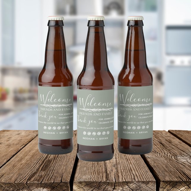 Boho Khaki Grönt Välkommen till Bröllop Ölflaska Etikett (Boho Khaki Green Welcome To Our Wedding Beer Bottle Label)