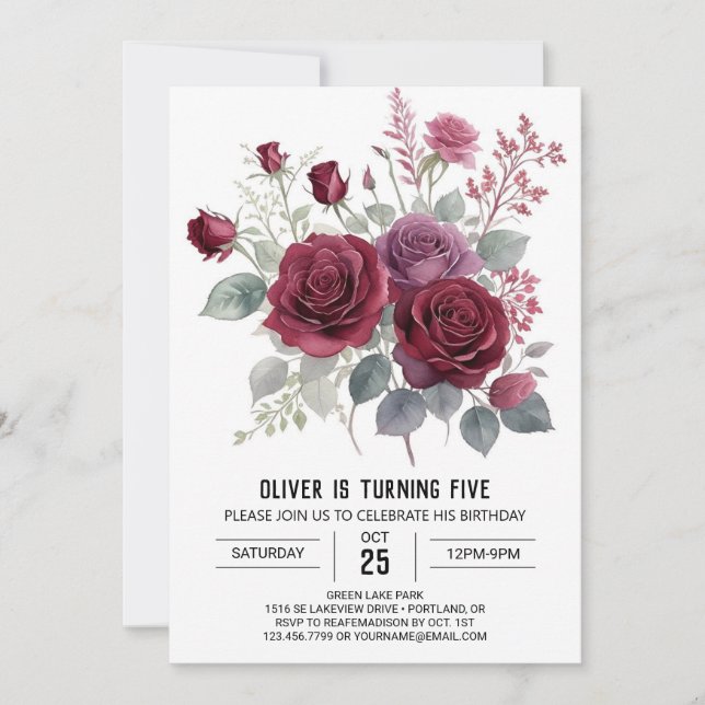 Boho Kids' Burgundy Blommigt Birthday Inbjudningar (Framsida)
