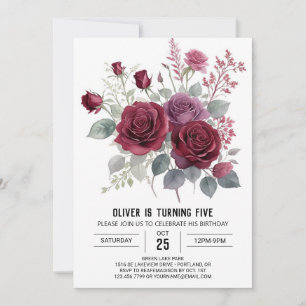 Boho Kids' Burgundy Blommigt Birthday Inbjudningar