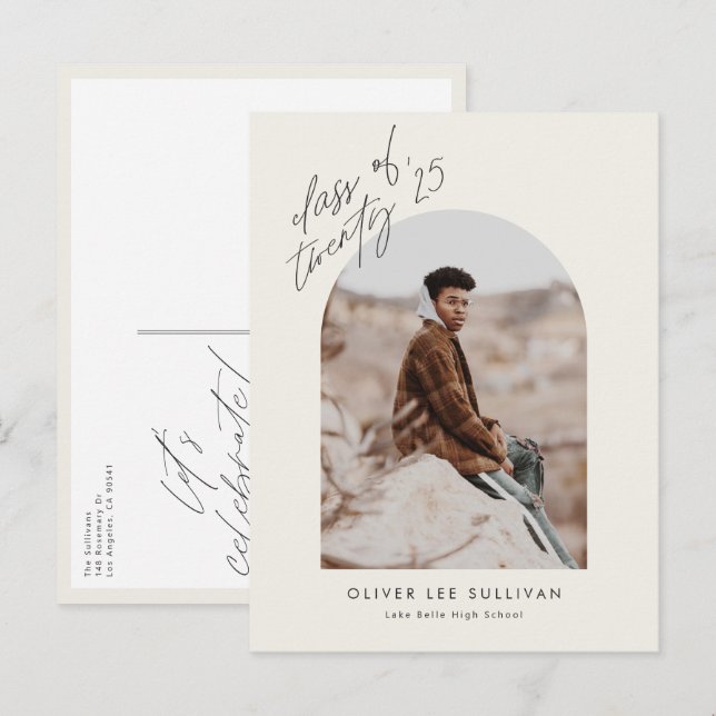 Boho-klass 2025 Arch Photo Studenten Inbjudan Vykort (Fram/baksida)