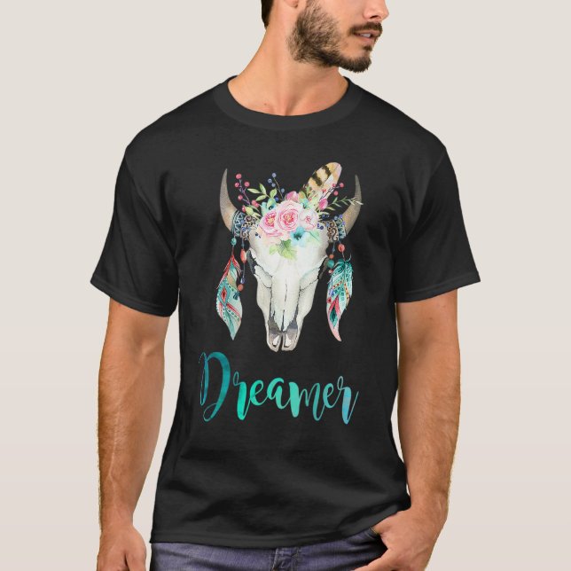 Boho Ko Skalle Blommig Och Fjäder T Shirt (Framsida)