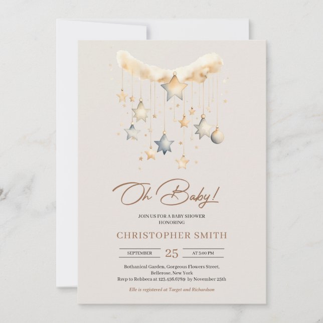 Boho könsneutral kopparrostning baby leksak stjärn inbjudningar (Framsida)