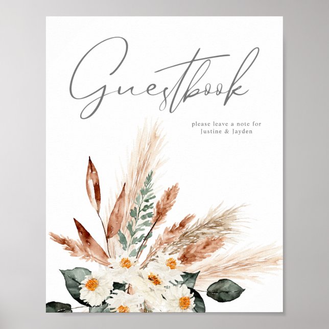 Boho Koppar Pampas Beige Blommig Gästbokssköld Poster (Framsidan)