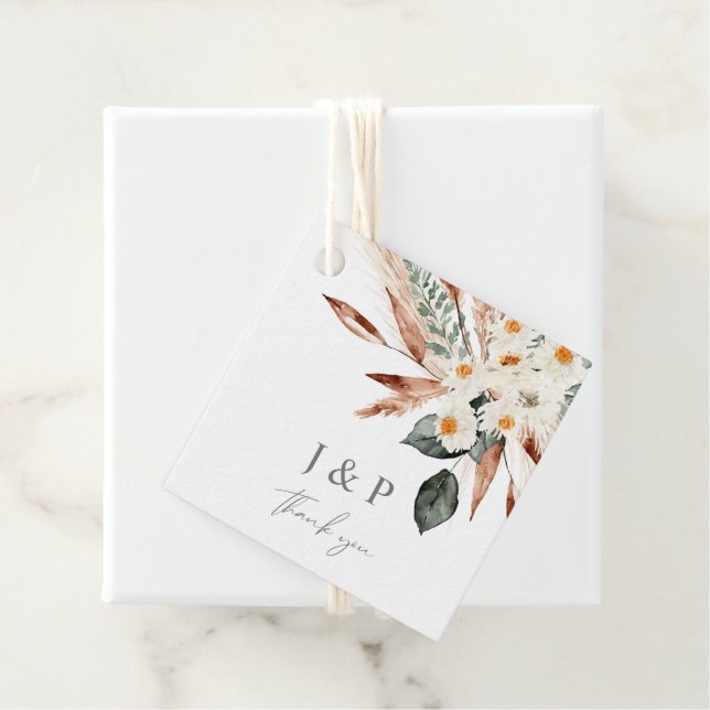 Boho Koppar Pampasgräs & Beige Blommiga Förmånseti Gåvor Etiketter (På plats)