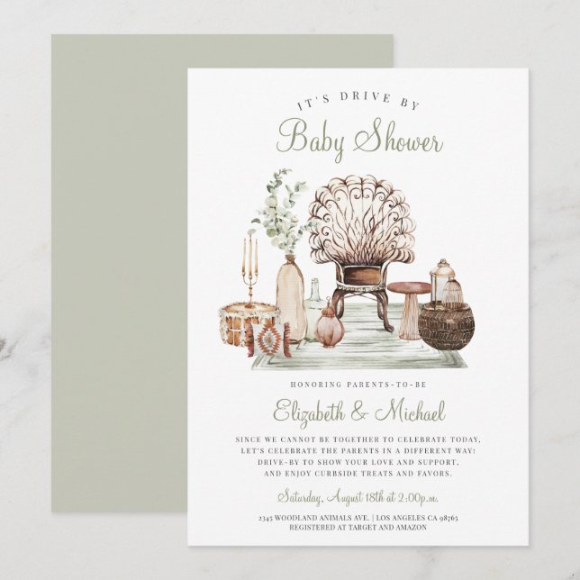Boho kör med Grönt Eucalyptus Baby Shower-inbjudan Inbjudningar (Fram/baksida)