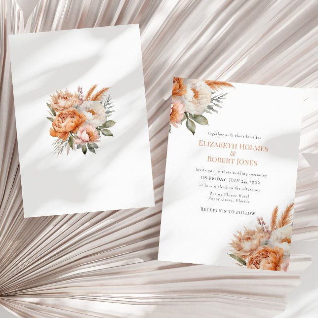 Boho korallblommor sommarbröllop inbjudningar (Boho Coral Flowers Summer Wedding Invitation - front and back - on a neutral dry palm leaf.)