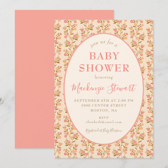 Boho korallrosa blommande baby shower inbjudningar (Fram/baksida)