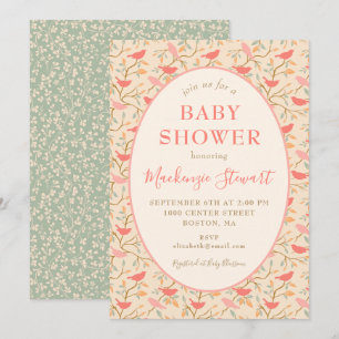 Boho korallrosa söta fantasifulla fåglar baby show inbjudningar