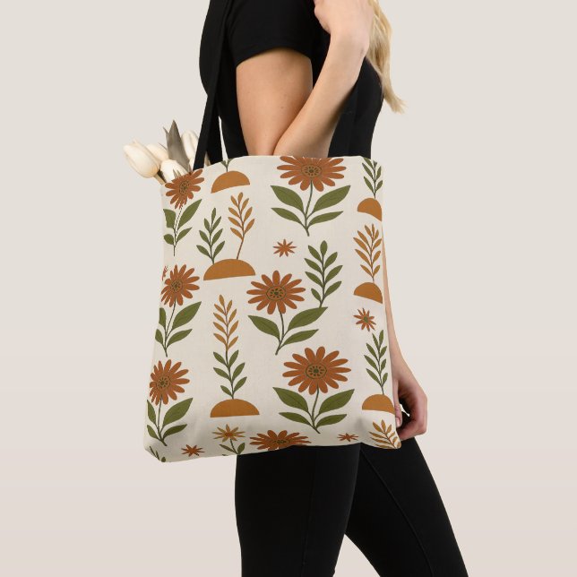 Boho kräm och brun blomsterhandväska tygkasse (Närbild)