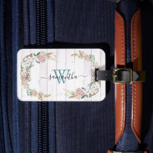 Boho Krans Monogram Present Blommig Akvarell Bagagebricka