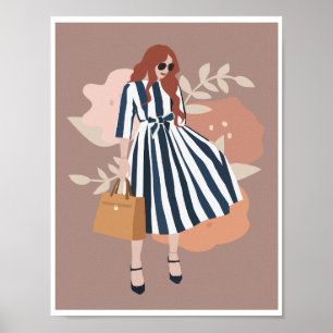 Boho Kvinna Blå Randig Klänning Blommig Mode Konst Poster