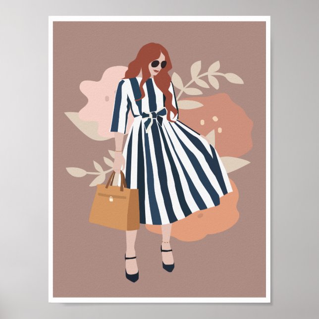 Boho Kvinna Blå Randig Klänning Blommig Mode Konst Poster (Framsidan)