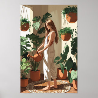 Boho Kvinna Vattnar Inomhusväxter Poster