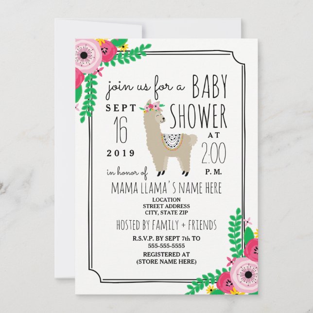 Boho Lama Blommig Bebis Baby Shower Inbjudan (Framsida)