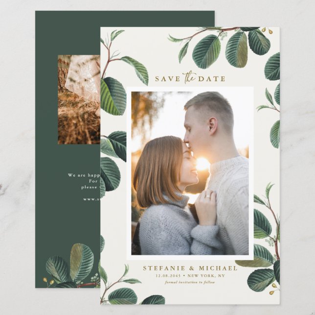 Boho Lämnar botaniskt elfenbensfoto Spara datum (Fram/baksida)