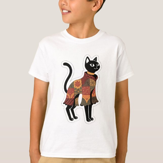 Boho lapptäcke svart katt grafisk t-shirt (Framsida)