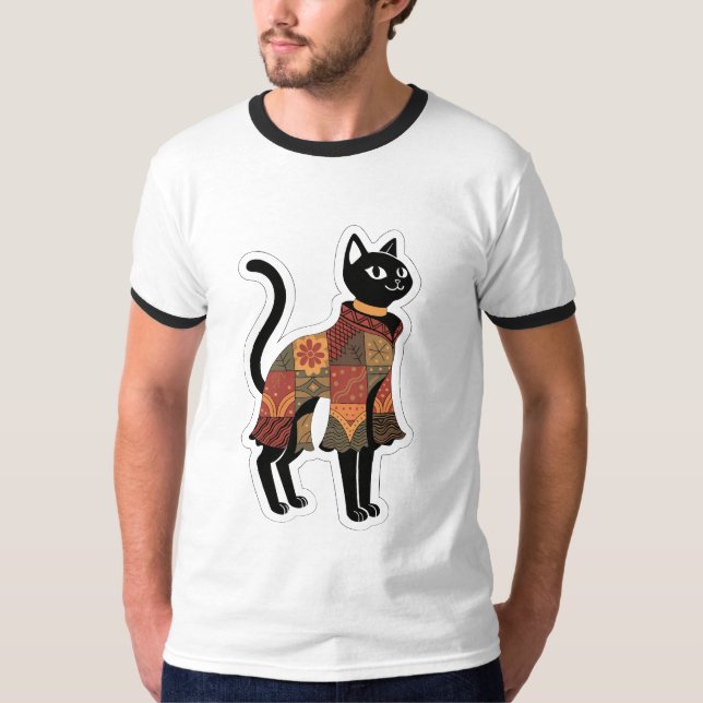 Boho lapptäcke svart katt grafisk t-shirt (Framsida)