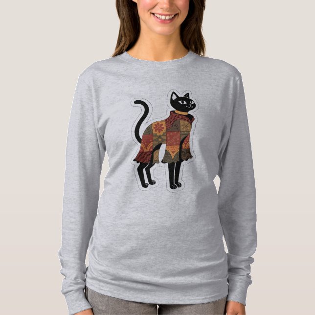 Boho lapptäcke svart katt grafisk t-shirt (Framsida)