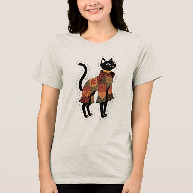 Boho lapptäcke svart katt grafisk t-shirt (Framsida)