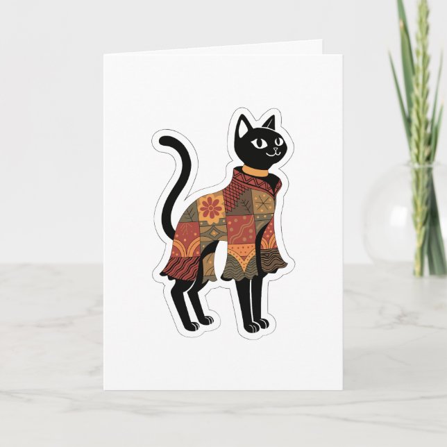 Boho lapptäcke svart katt gratulationskort kort (Framsida)